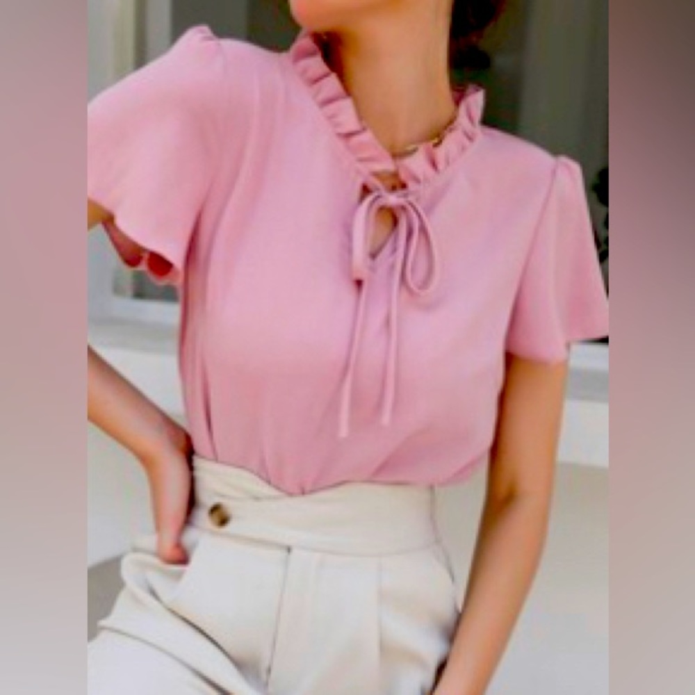 Tie Neck Buff Sleeve Blouse